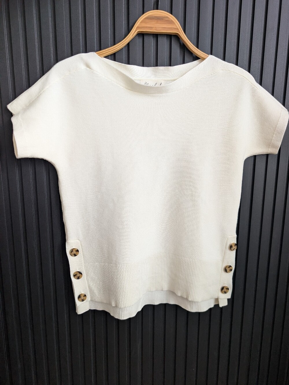 Marled Cream Ribbed Knit Button-Side Top | Size XS